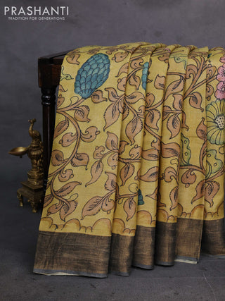 Yellow & Grey Pure Tussar Silk - Pen Kalamkari Prints