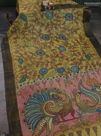 Yellow & Grey Pure Tussar Silk - Pen Kalamkari Prints