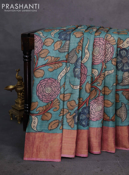 Teal Green & Mauve Pink Pure Tussar Silk - Pen Kalamkari Prints