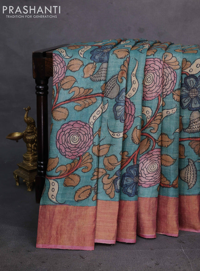 Teal Green & Mauve Pink Pure Tussar Silk - Pen Kalamkari Prints