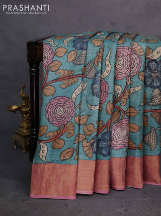 Teal Green & Mauve Pink Pure Tussar Silk - Pen Kalamkari Prints