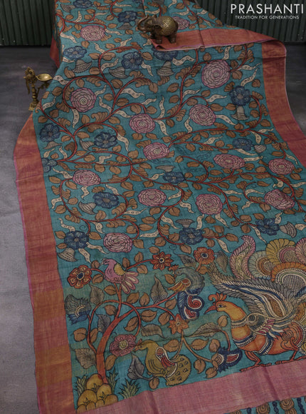 Teal Green & Mauve Pink Pure Tussar Silk - Pen Kalamkari Prints
