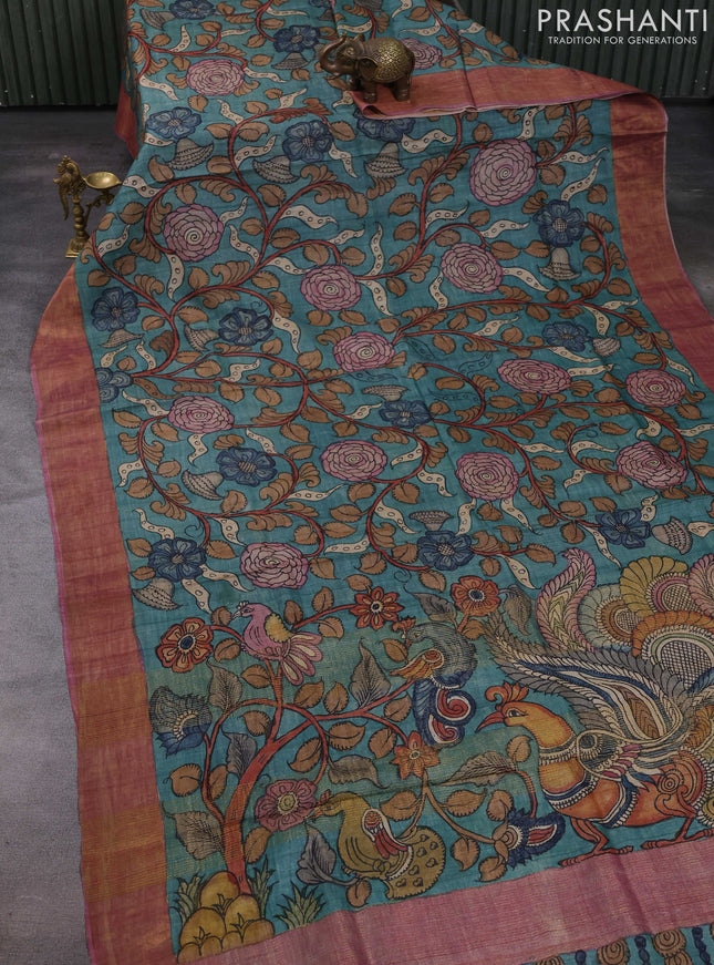 Teal Green & Mauve Pink Pure Tussar Silk - Pen Kalamkari Prints