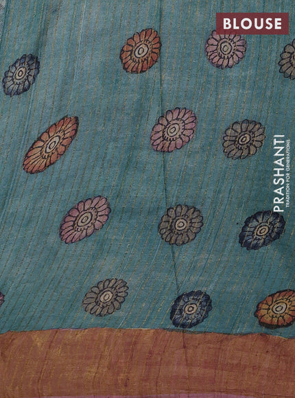 Teal Green & Mauve Pink Pure Tussar Silk - Pen Kalamkari Prints