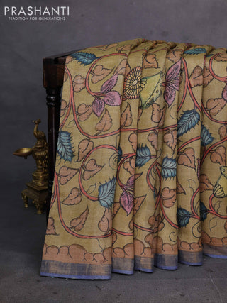 Elaichi Green & Blue Pure Tussar Silk - Pen Kalamkari Prints