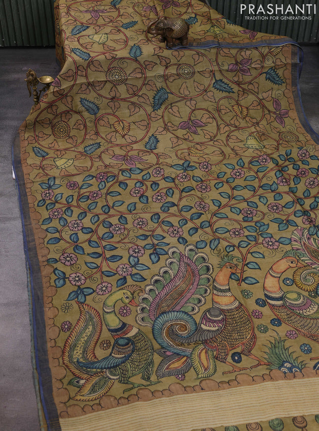 Elaichi Green & Blue Pure Tussar Silk - Pen Kalamkari Prints