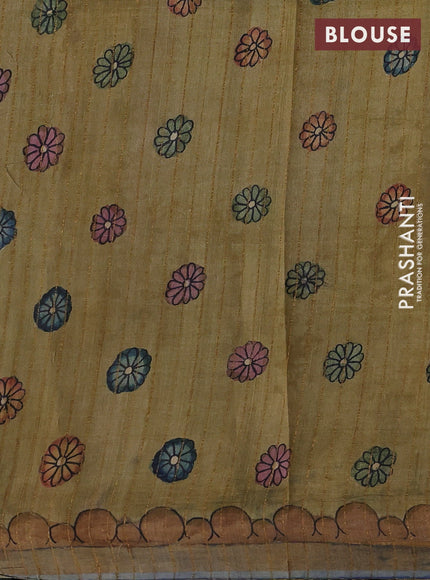 Elaichi Green & Blue Pure Tussar Silk - Pen Kalamkari Prints