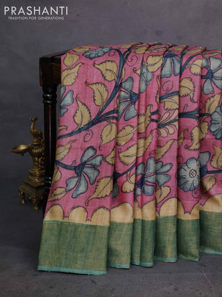 Pink & Green Pure Tussar Silk - Pen Kalamkari Prints