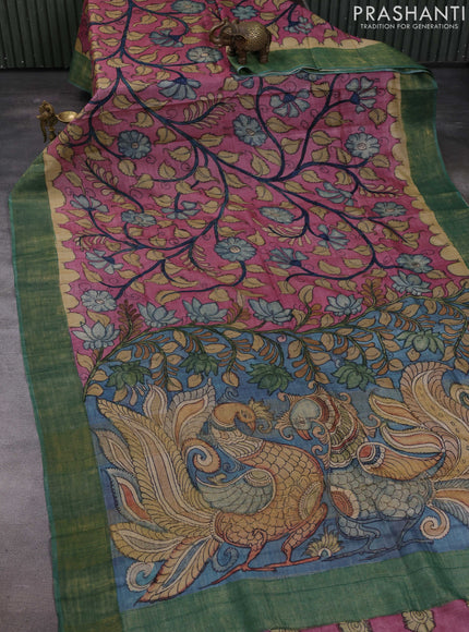 Pink & Green Pure Tussar Silk - Pen Kalamkari Prints