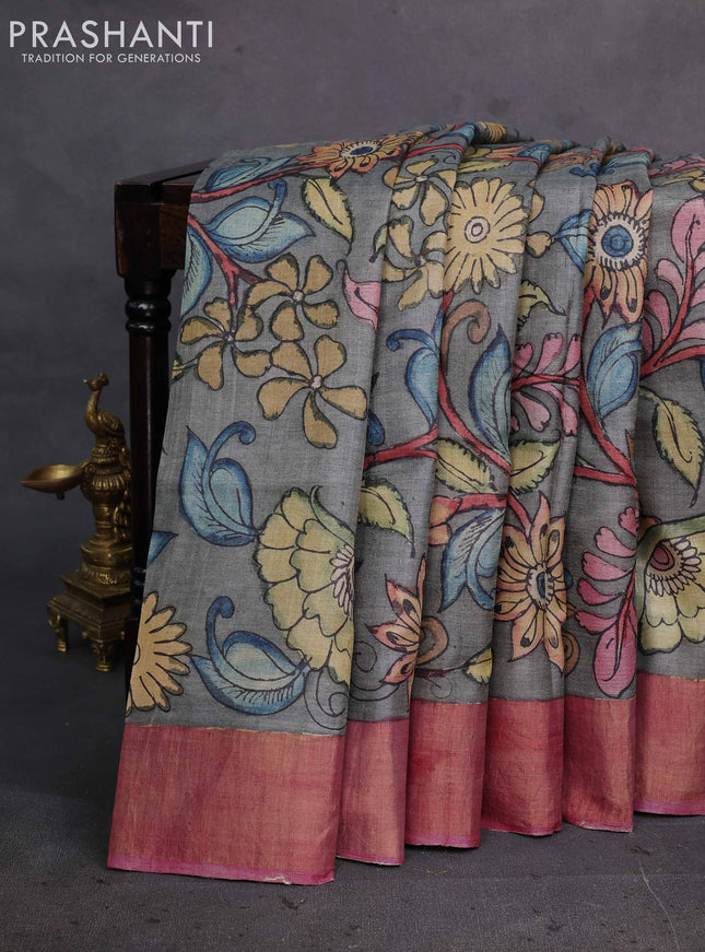 Grey & Mauve Pink Pure Tussar Silk - Pen Kalamkari Prints