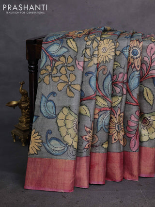 Grey & Mauve Pink Pure Tussar Silk - Pen Kalamkari Prints