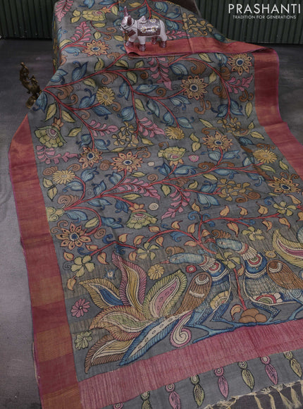 Grey & Mauve Pink Pure Tussar Silk - Pen Kalamkari Prints