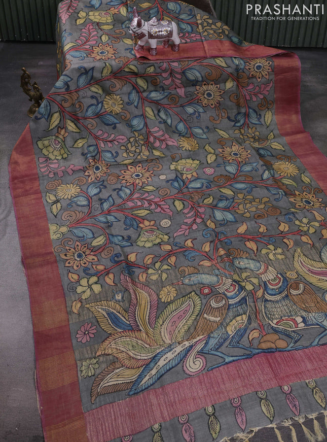 Grey & Mauve Pink Pure Tussar Silk - Pen Kalamkari Prints
