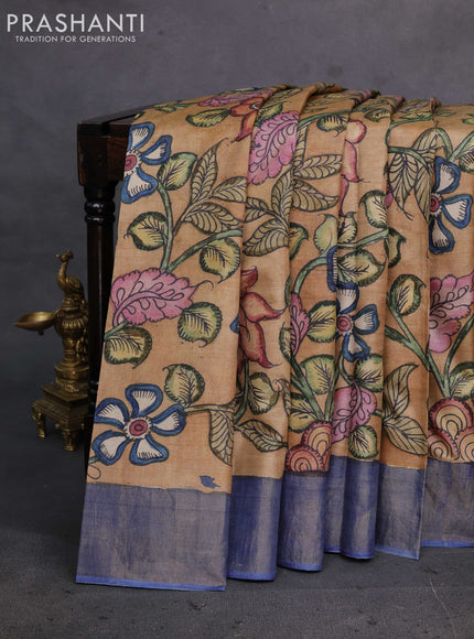 Sandal & Blue Pure Tussar Silk - Pen Kalamkari Prints