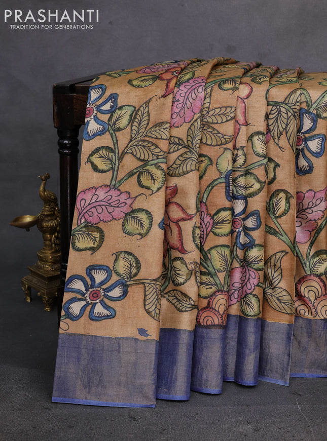 Sandal & Blue Pure Tussar Silk - Pen Kalamkari Prints