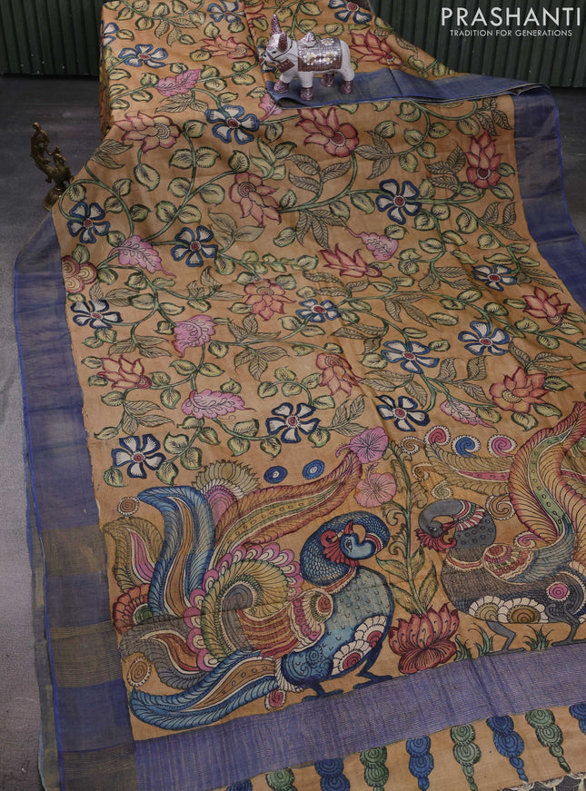 Sandal & Blue Pure Tussar Silk - Pen Kalamkari Prints