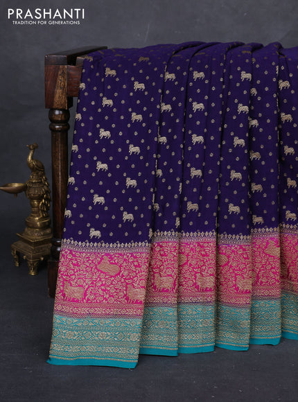 Navy Blue & Teal Green Banarasi Crepe Saree