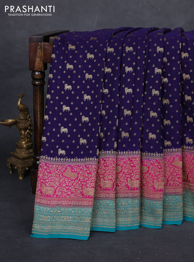 Navy Blue & Teal Green Banarasi Crepe Saree
