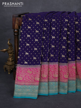 Navy Blue & Teal Green Banarasi Crepe Saree