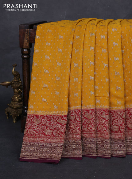 Mustard Yellow & Wine Banarasi Crepe Saree