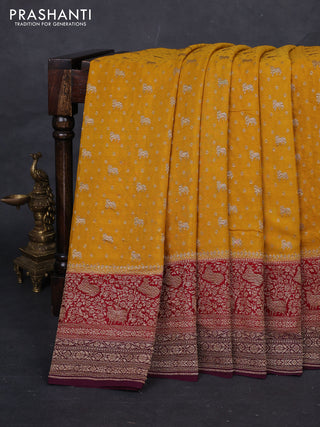 Mustard Yellow & Wine Banarasi Crepe Saree