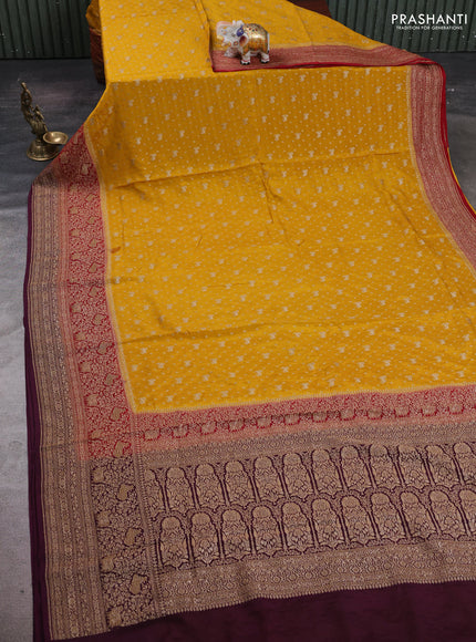 Mustard Yellow & Wine Banarasi Crepe Saree
