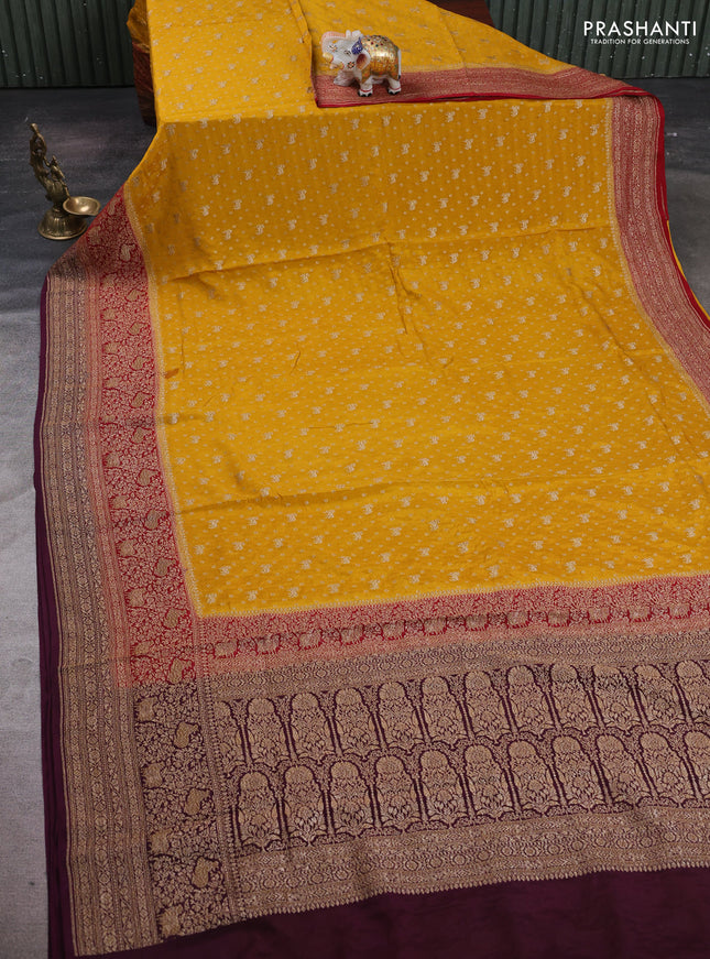Mustard Yellow & Wine Banarasi Crepe Saree