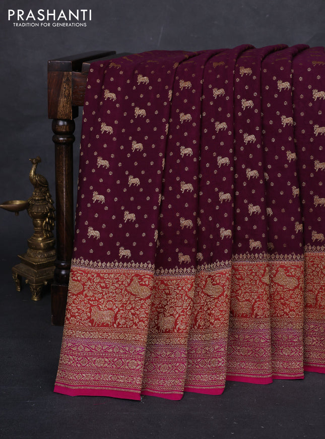 Wine & Magenta Pink Banarasi Crepe Saree