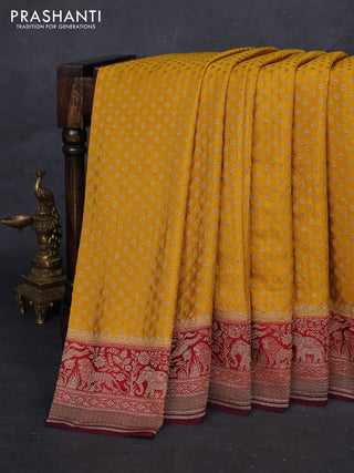 Mustard Yellow & Wine Banarasi Crepe Saree