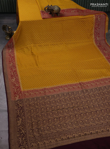 Mustard Yellow & Wine Banarasi Crepe Saree