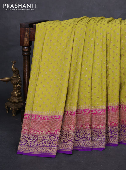 Lime Green & Purple Banarasi Crepe Saree - Ganga Jamuna Border