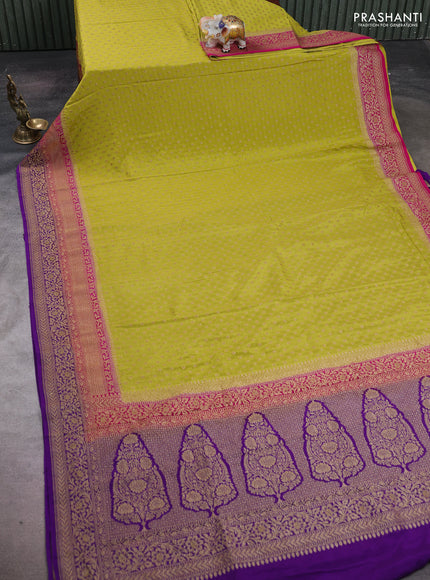 Lime Green & Purple Banarasi Crepe Saree - Ganga Jamuna Border