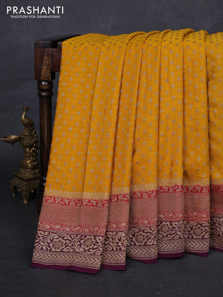 Mustard Yellow & Wine Banarasi Crepe Saree - Ganga Jamuna Border