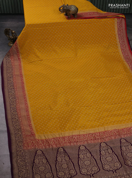 Mustard Yellow & Wine Banarasi Crepe Saree - Ganga Jamuna Border