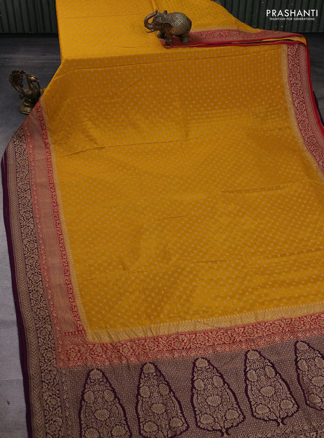 Mustard Yellow & Wine Banarasi Crepe Saree - Ganga Jamuna Border