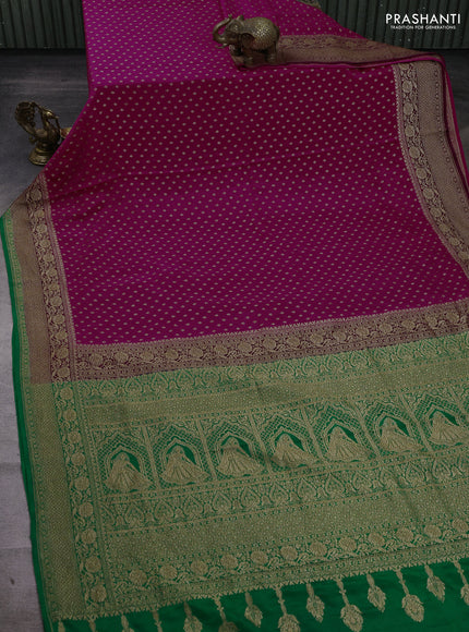 Pink & Green Banarasi Crepe Saree - Ganga Jamuna Border