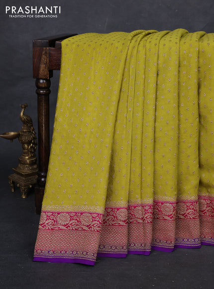 Lime Green & Purple Banarasi Crepe Saree