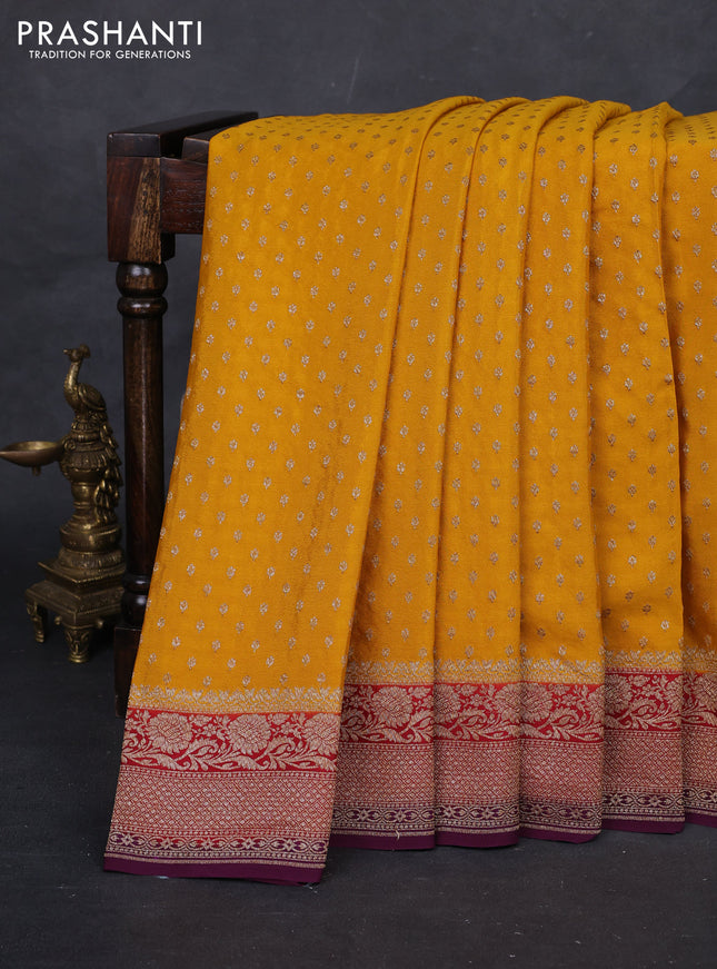 Mustard Yellow & Wine Banarasi Crepe Saree