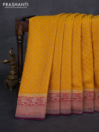 Mustard Yellow & Wine Banarasi Crepe Saree