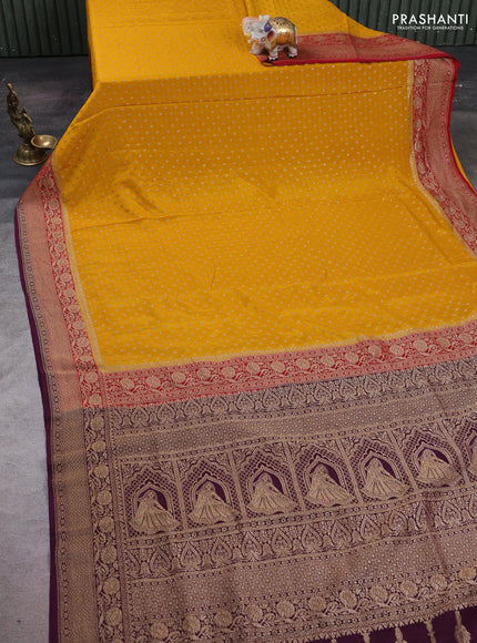 Mustard Yellow & Wine Banarasi Crepe Saree