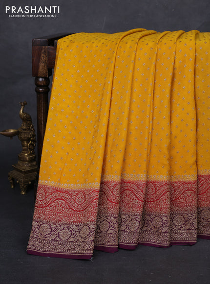 Mustard Yellow & Wine Banarasi Crepe Saree