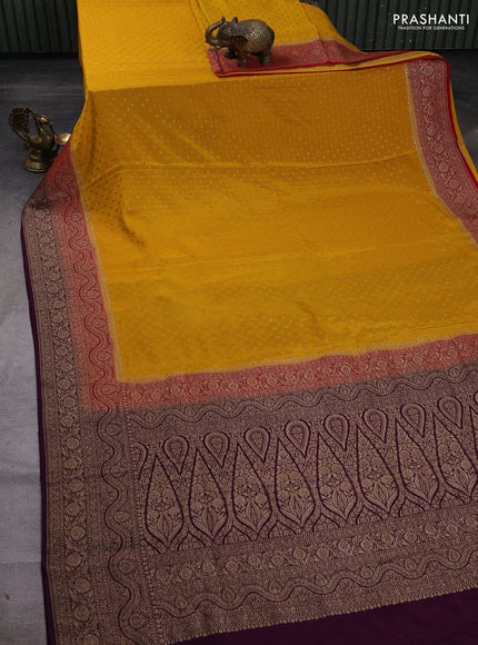 Mustard Yellow & Wine Banarasi Crepe Saree