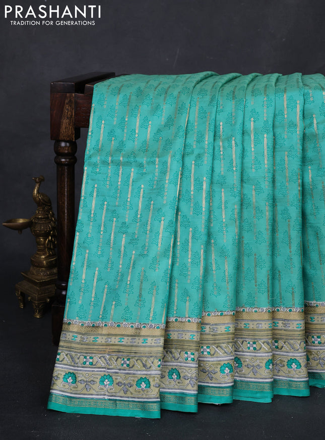 Teal Green & Pista Green Pure Kanchipuram Silk - Block Prints