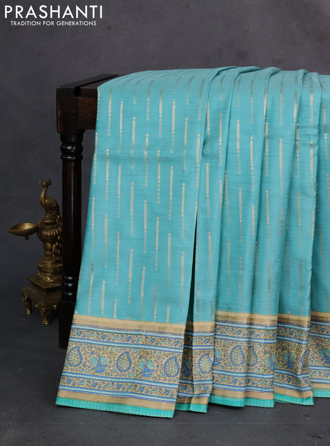 Teal Green & Cream Pure Kanchipuram Silk - Block Prints
