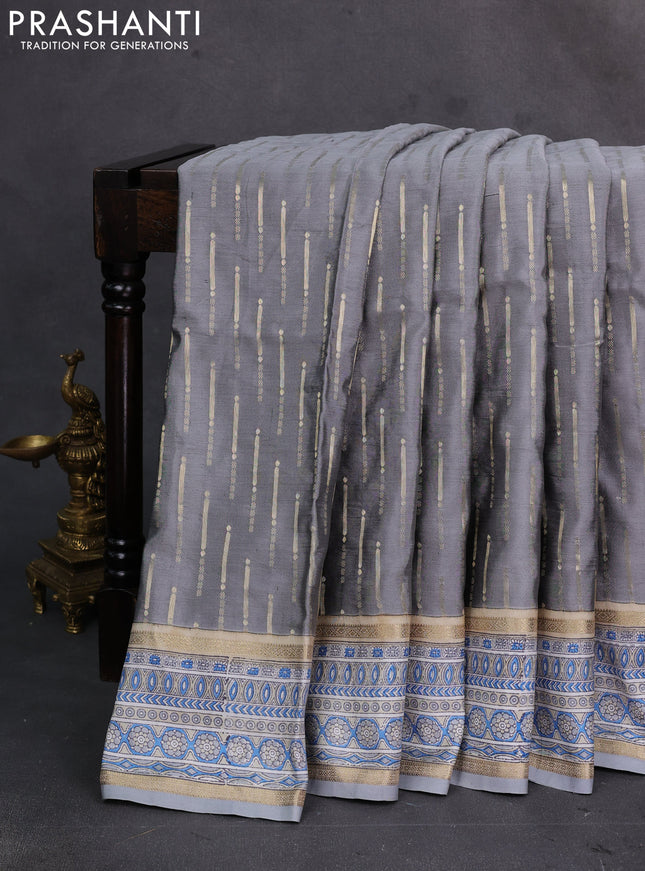 Grey & Beige Pure Kanchipuram Silk - Block Prints