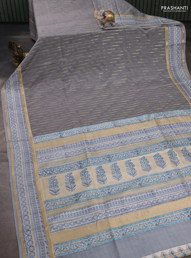 Grey & Beige Pure Kanchipuram Silk - Block Prints