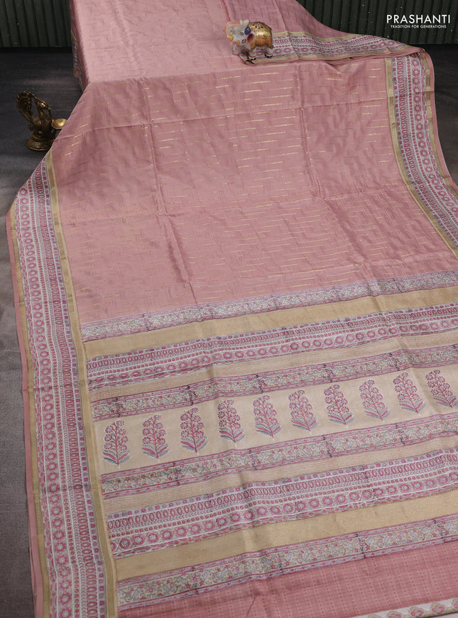 Pastel Peach & Beige Pure Kanchipuram Silk - Block Prints