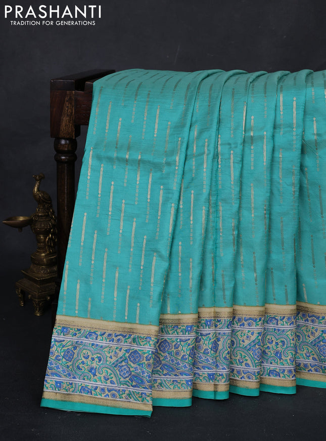 Teal & Beige Pure Kanchipuram Silk - Block Prints
