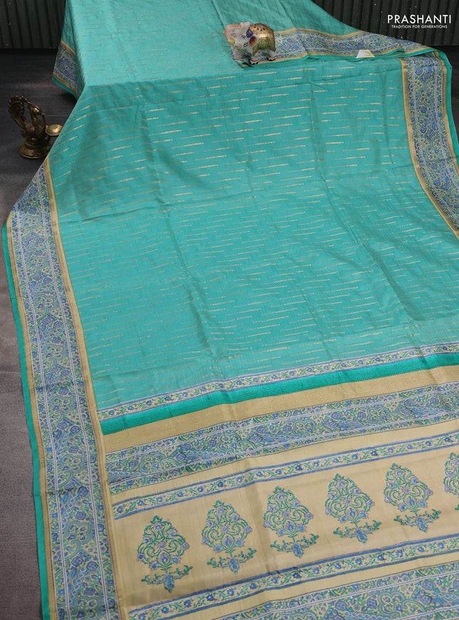 Teal & Beige Pure Kanchipuram Silk - Block Prints