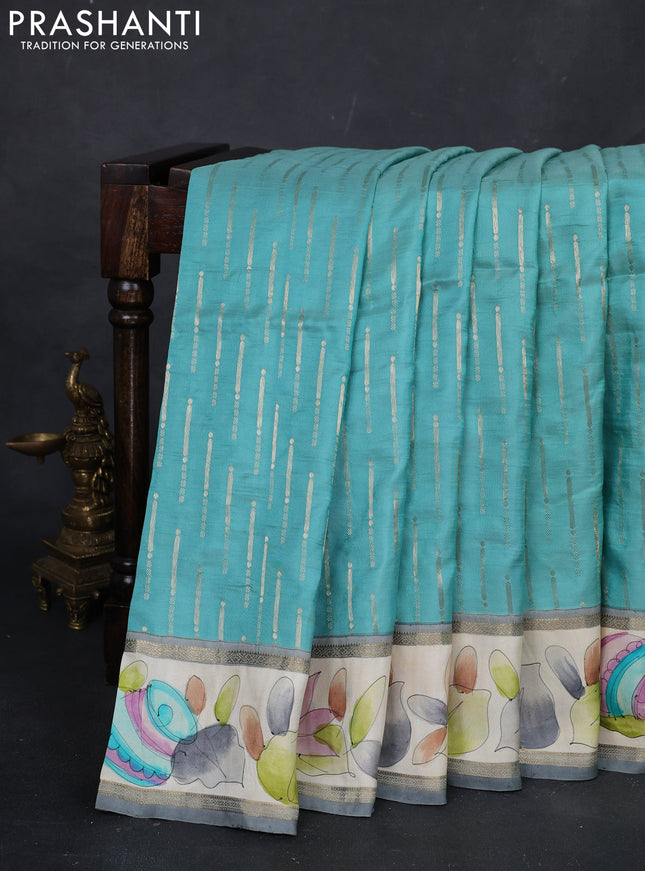 Teal Green & Cream Pure Kanchipuram Silk - Hand Painted